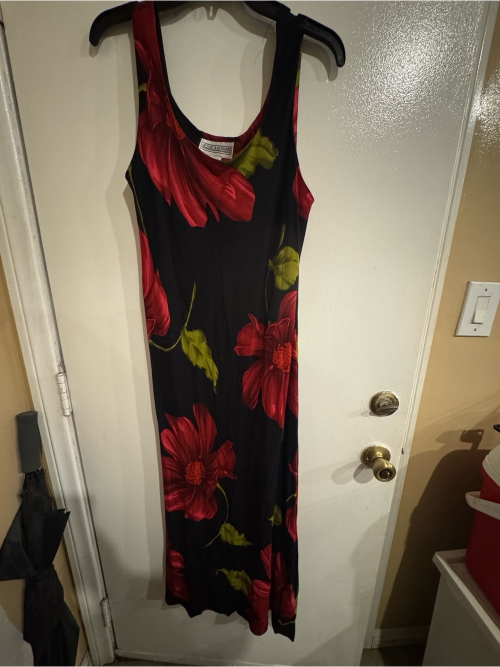 Jessica Howard Black Maxi Dress with Red Floral Print and Green Accents